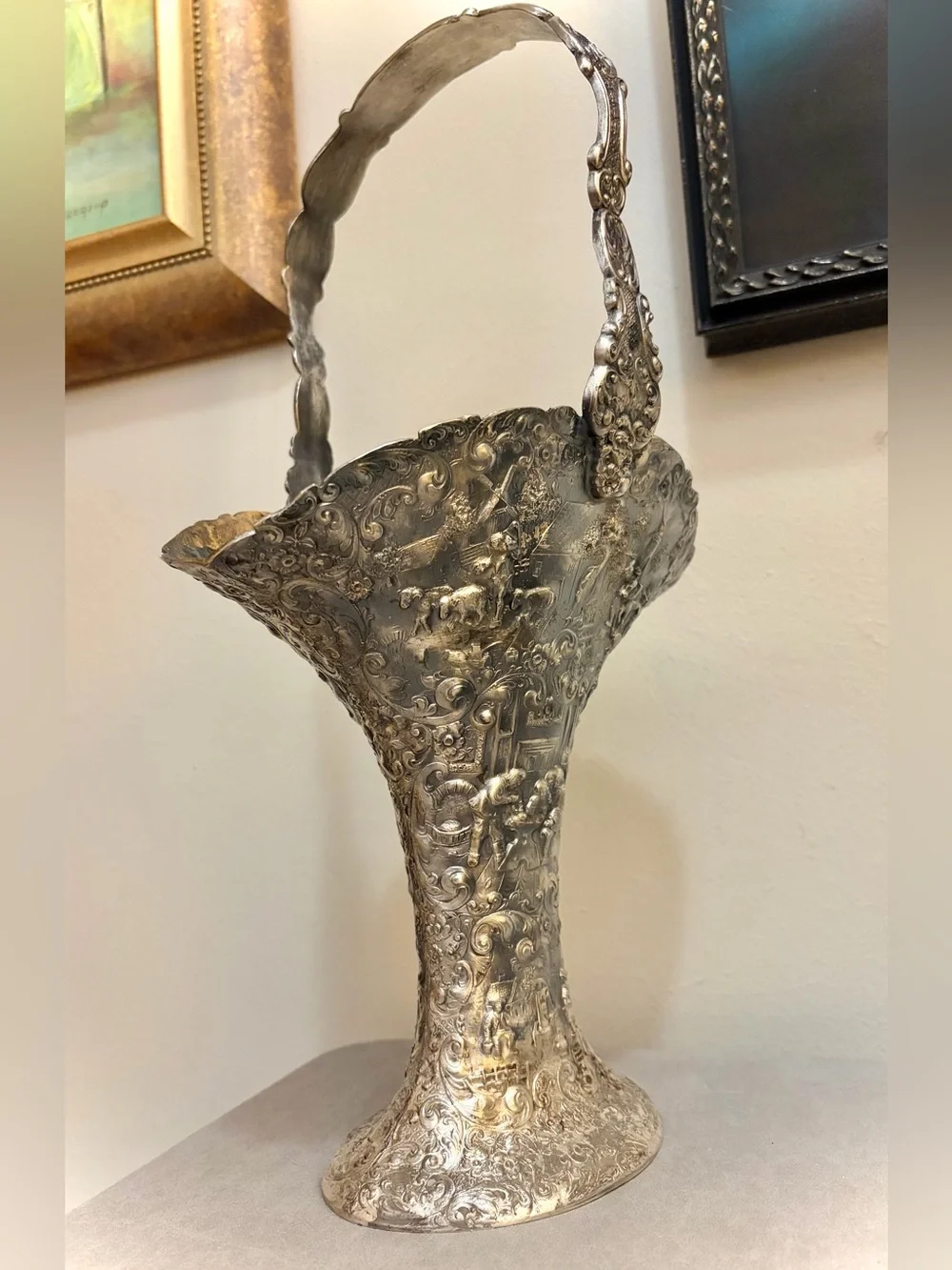 Antique Barbour SP Co 3737 Silver Plate Repoussé Bride’s Basket with Handle 16”